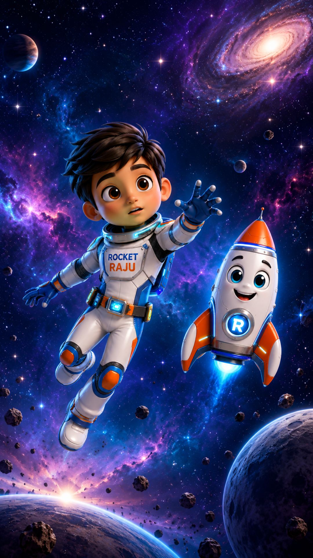 Rocket Raju floating in deep space beside his smiling rocket friend among stars and galaxies