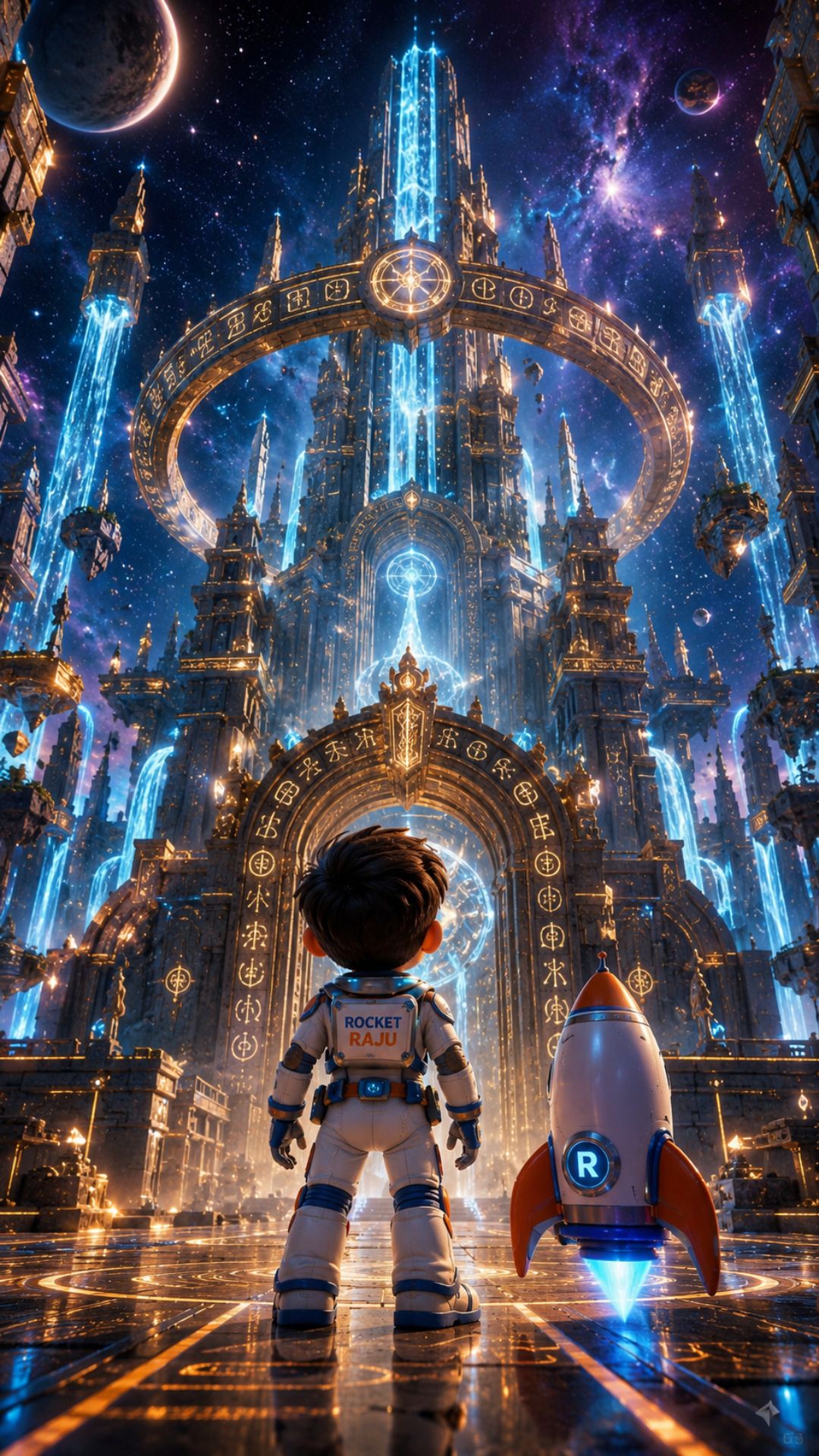 Rocket Raju from behind facing a massive glowing ancient cosmic temple with arches and runes