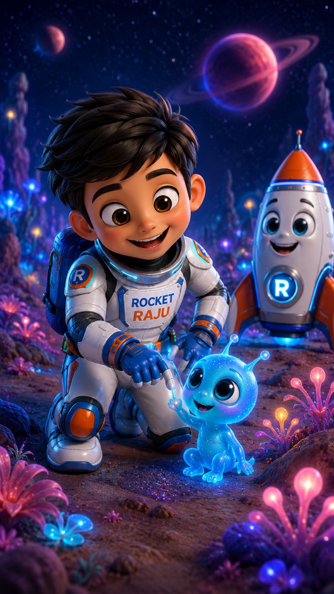 Rocket Raju kneeling beside a glowing blue alien child on an alien planet with bioluminescent flowers