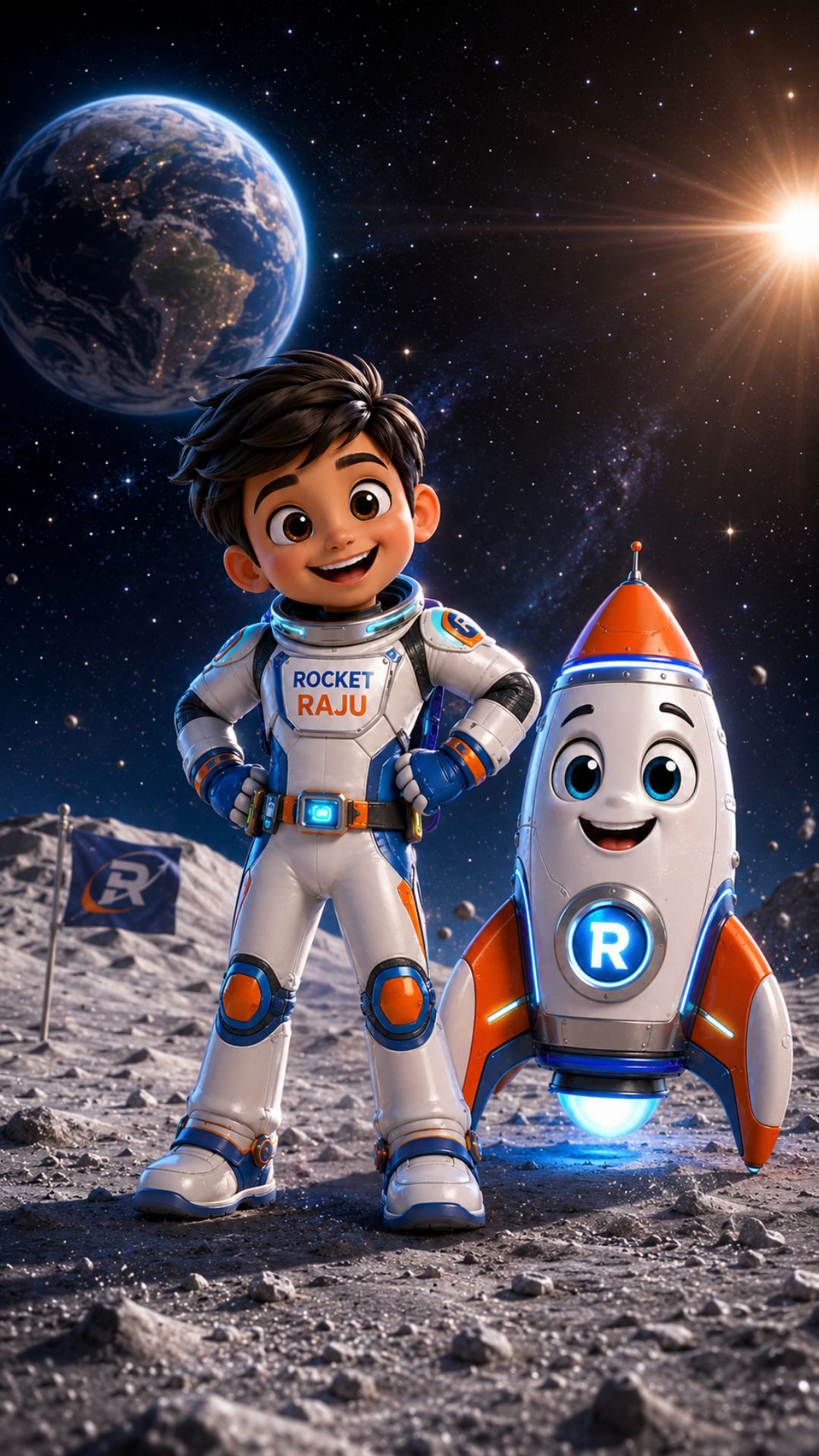 Rocket Raju standing on the moon with Earth in the background and his rocket companion — cinematic wallpaper