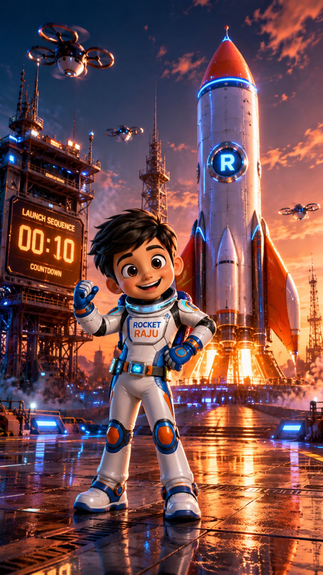 Rocket Raju in white spacesuit on a futuristic launchpad with rocket and countdown — cinematic 3D wallpaper