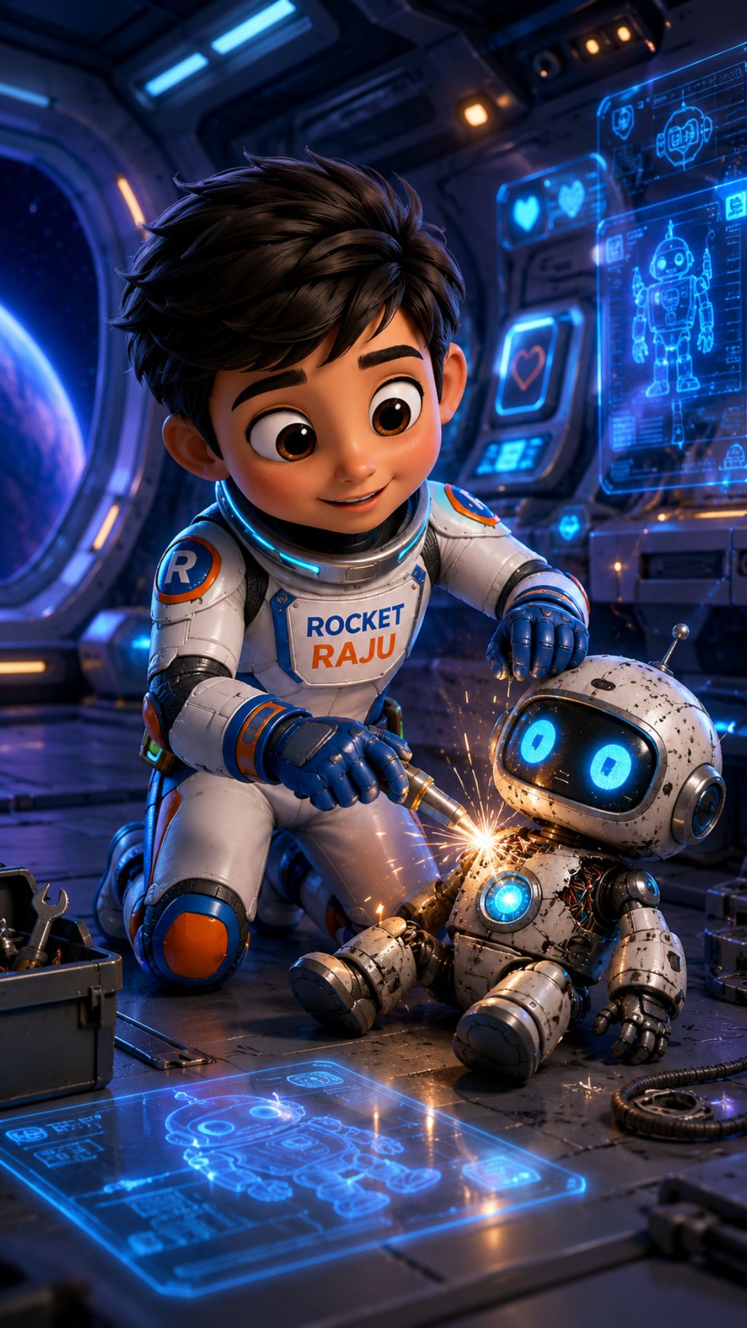 Rocket Raju repairing a small robot inside a futuristic spaceship workshop with holographic displays
