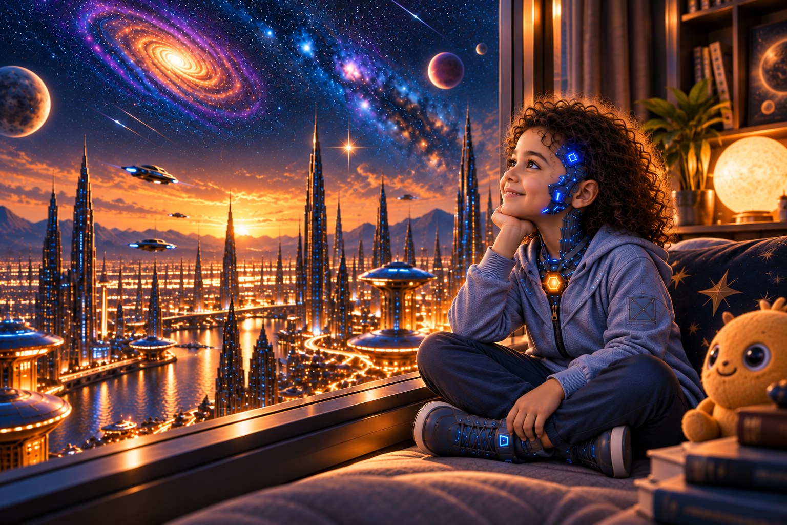 Gungu looking out from the Great Window at a glowing future city beneath a galaxy sky