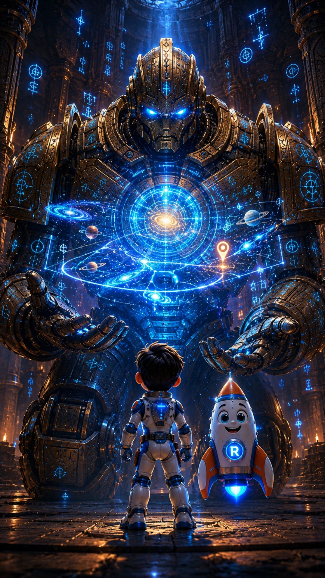 Rocket Raju facing a giant glowing guardian robot revealing a holographic cosmic map of galaxies